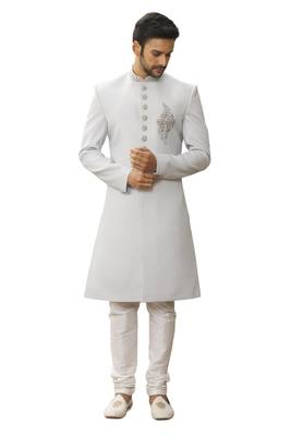 White embroidered art silk sherwani 3