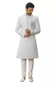 White embroidered art silk sherwani