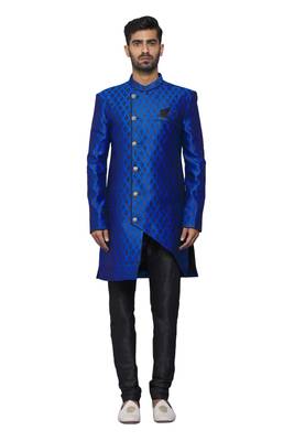 Blue printed art silk sherwani 1