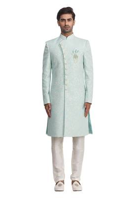 Green printed art silk sherwani 1