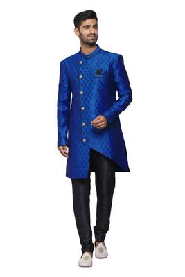 Blue printed art silk sherwani 3