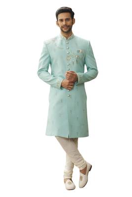 Green embroidered art silk sherwani 3