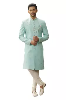 Green embroidered art silk sherwani