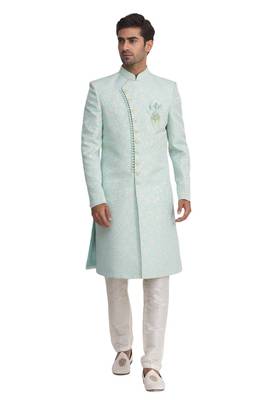 Green printed art silk sherwani 3