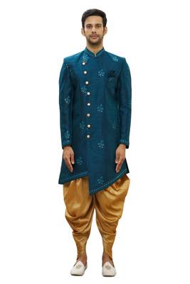 Blue embroidered art silk sherwani 1