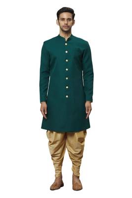 Green plain art silk sherwani 1