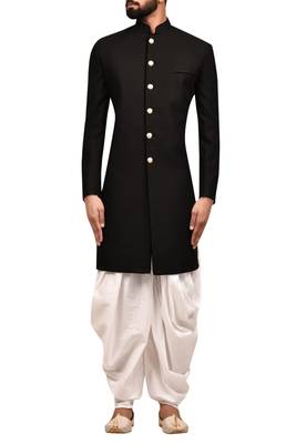 Black plain art silk sherwani 1