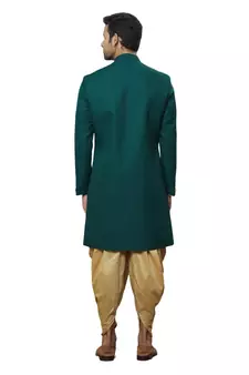 Green plain art silk sherwani