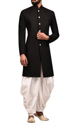 Black plain art silk sherwani 3