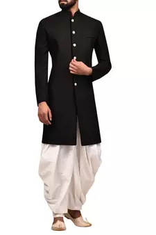 Black plain art silk sherwani
