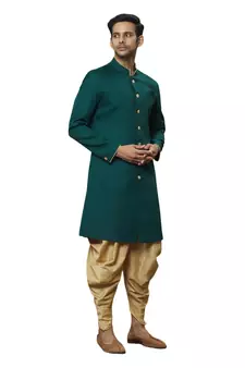 Green plain art silk sherwani