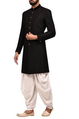 Black plain art silk sherwani 3