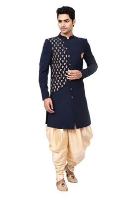 Blue printed art silk sherwani 1