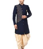 Blue printed art silk sherwani