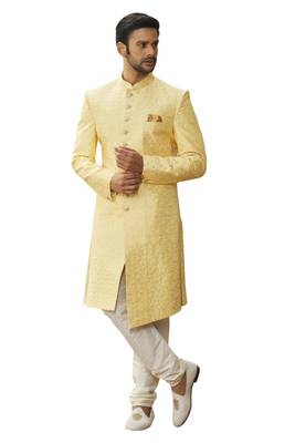 Yellow embroidered art silk sherwani 1