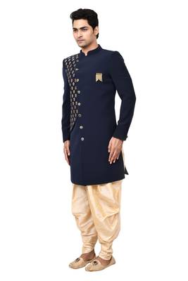 Blue printed art silk sherwani 3