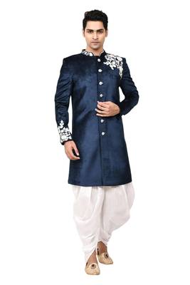 Blue embroidered velvet sherwani 1