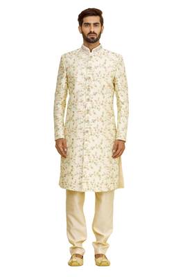 Fawn embroidered art silk sherwani 1