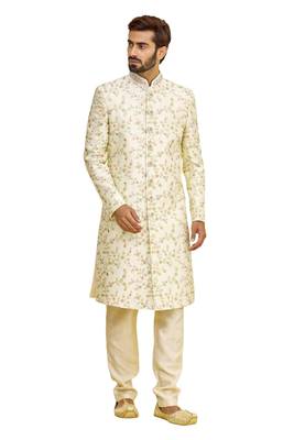 Fawn embroidered art silk sherwani 3