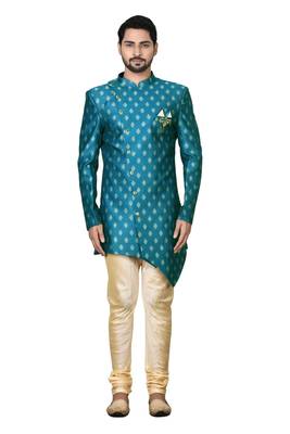 Blue printed art silk sherwani 1