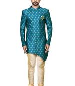 Blue printed art silk sherwani