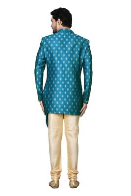 Blue printed art silk sherwani 2