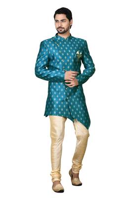 Blue printed art silk sherwani 3