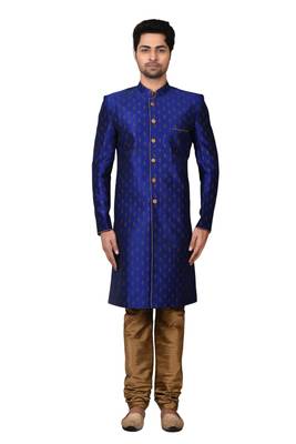 Blue printed art silk sherwani 1