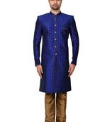 Blue printed art silk sherwani