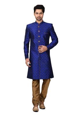 Blue printed art silk sherwani 3