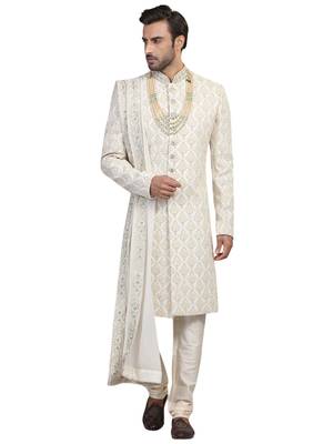 White embroidered art silk sherwani 1