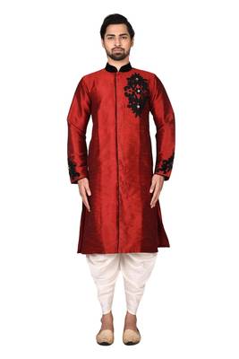 Red embroidered art silk sherwani 1