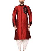 Red embroidered art silk sherwani