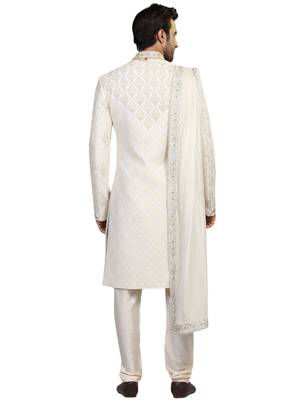 White embroidered art silk sherwani 2