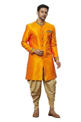 Orange embroidered art silk sherwani 3