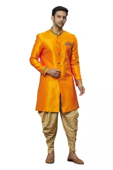 Orange embroidered art silk sherwani