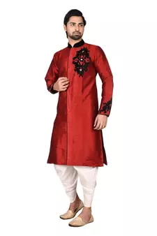Red embroidered art silk sherwani