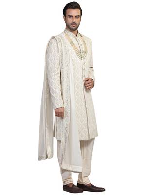White embroidered art silk sherwani 3