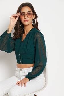 Green plain georgette crop-tops
