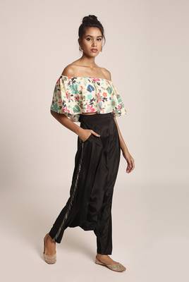 PS Pret by Payal Singhal Cream Printed Art Crepe Ruffle Off Shoulder Top with Black Art Crepe Low Crotch Pant 1