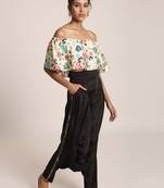 PS Pret by Payal Singhal Cream Printed Art Crepe Ruffle Off Shoulder Top with Black Art Crepe Low Crotch Pant