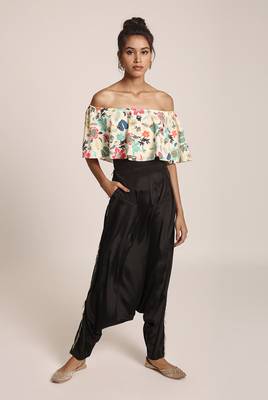 PS Pret by Payal Singhal Cream Printed Art Crepe Ruffle Off Shoulder Top with Black Art Crepe Low Crotch Pant 2