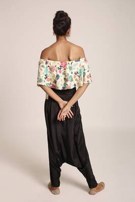 PS Pret by Payal Singhal Cream Printed Art Crepe Ruffle Off Shoulder Top with Black Art Crepe Low Crotch Pant 3