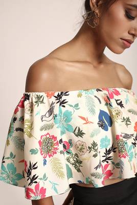 PS Pret by Payal Singhal Cream Printed Art Crepe Ruffle Off Shoulder Top with Black Art Crepe Low Crotch Pant 4