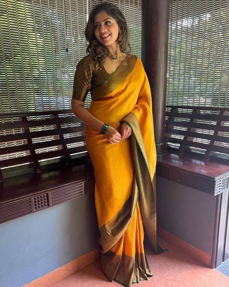 Mustard printed silk saree with blouse