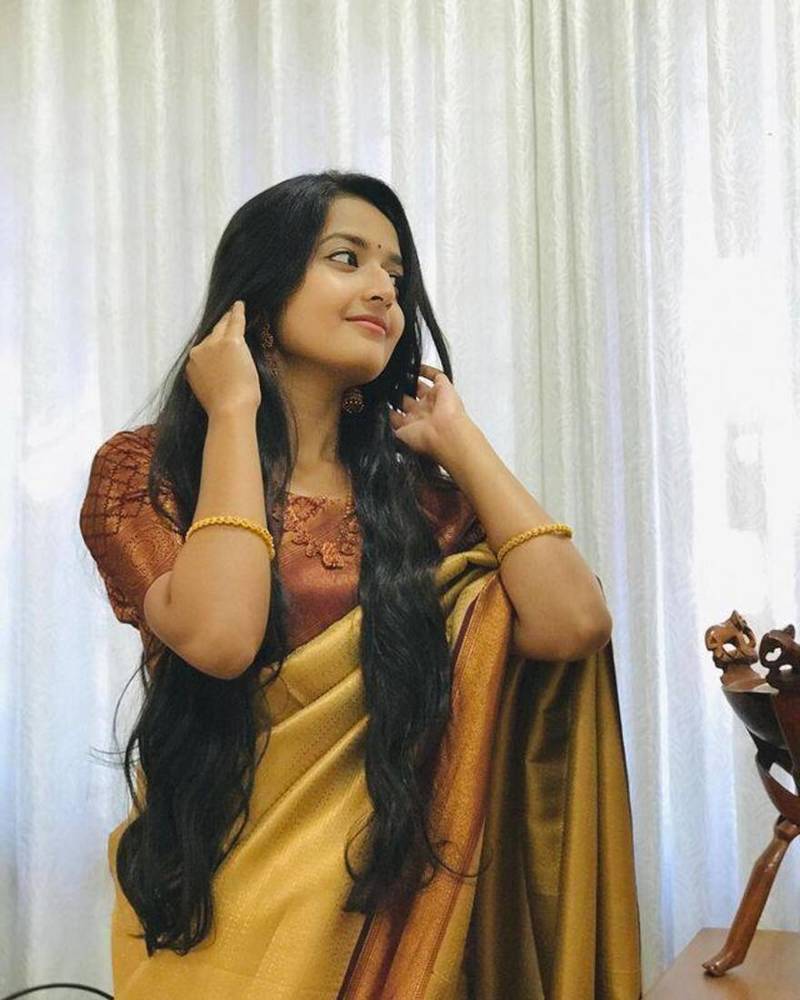 Golden printed silk saree with blouse