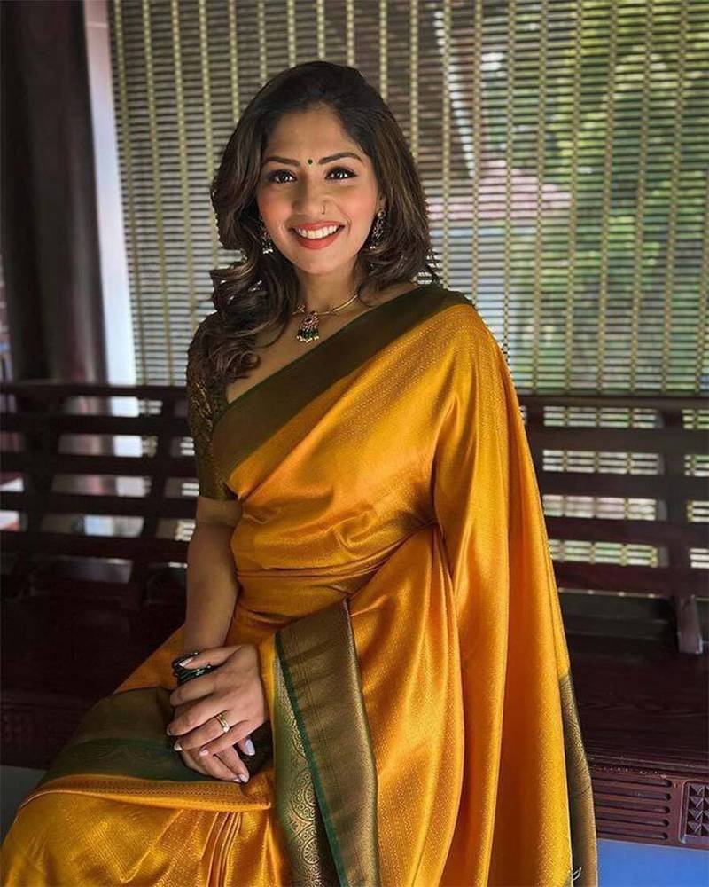 Mustard printed silk saree with blouse