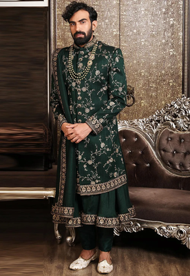 Green embroidered art silk sherwani 1