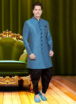 Blue plain jute sherwani 1