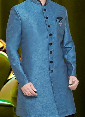 Blue plain jute sherwani 2